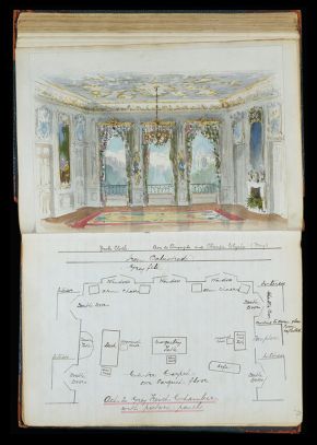 图5。外交,提示书,Victorien Sardou /威廉·哈福德,1893年,铅笔水彩画设计和计划用手稿。(没有博物馆。伦敦]©维多利亚和艾伯特博物馆