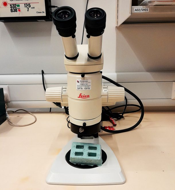 显微镜与小广场蓝色可重用的硅树脂样品模具,在桌子上保护的科学