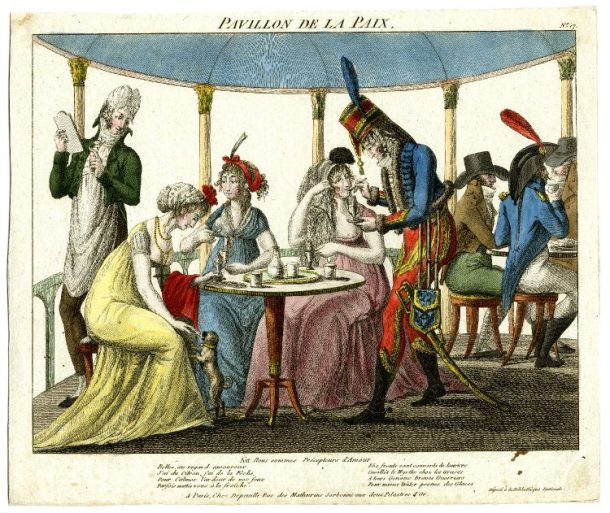 馆的服务员需要订单从三个时尚女士们坐着吃冰淇淋,一个是由一个士兵穿着制服。“和平Pavillon”。板的17 untitled系列、手绘蚀刻、法国c。1801年©大英博物馆