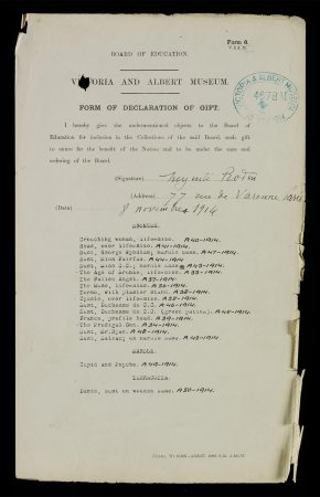 宣言的礼物形式,清单18罗丹的作品,签署和日期为1914年11月8日。