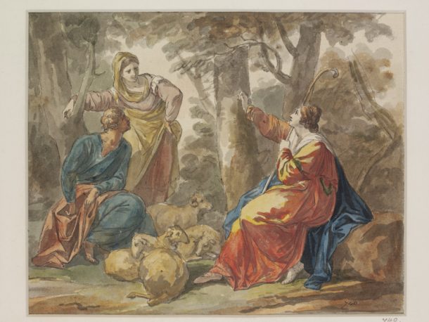 考夫曼、当归(RA);当归和Medoro(来自多维阿里奥斯托“奥兰多”);牧羊女,坐在一个骗子在她的肩膀,把她情人的肖像在一棵树的树皮;水彩画;英语学校;18 - 19世纪早期。博物馆DYCE.740
