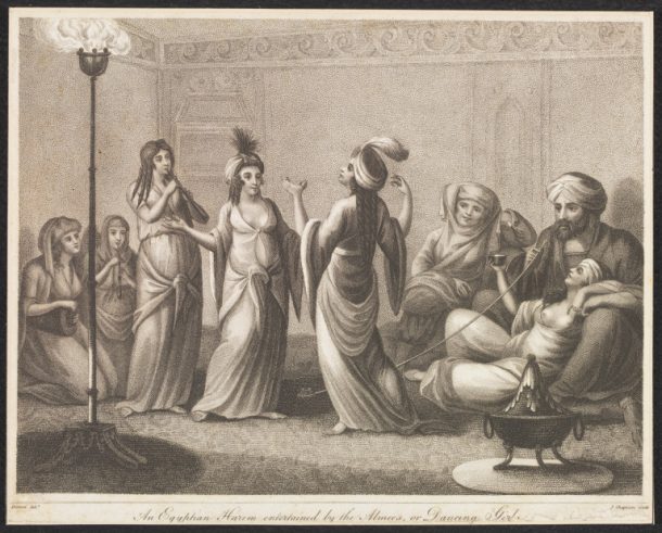 '一个埃及妻妾娱乐歌女,或舞女”,约翰·查普曼蚀刻和点画雕刻画后,男爵多米尼克的场面天龙,会于长滩举行19世纪初。博物馆SP.207