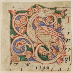 244:3,叶子从choir-book初始年代地面上绿色和蓝色红色pen-work描绘龙。荷兰。12世纪后期,©V&A博物馆。