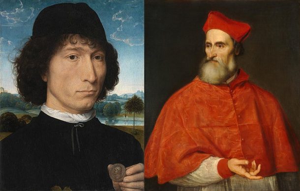 3所示。父亲和儿子。(左)汉斯·梅姆林一样,一个罗马的画像奖章(Bernardo Bembo ?),油在面板中,ca.1480,皇家美术博物馆,安特卫普;(右)提香,Pietro Bembo,油画,ca.1540,华盛顿国家美术馆的艺术