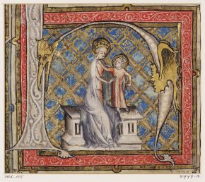 8977,初始H与圣母和耶稣的画像在长椅上格子背景的蓝色和金色。荷兰。14世纪初,©V&A博物馆。
