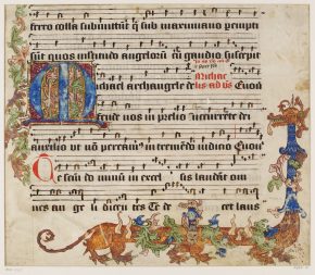 8999 b,削减从一个轮流吟唱的歌,最初在蓝色背景上的红色和地面抛光的金层状边界和后面的一个受伤的龙。荷兰,15世纪。©V&A博物馆。