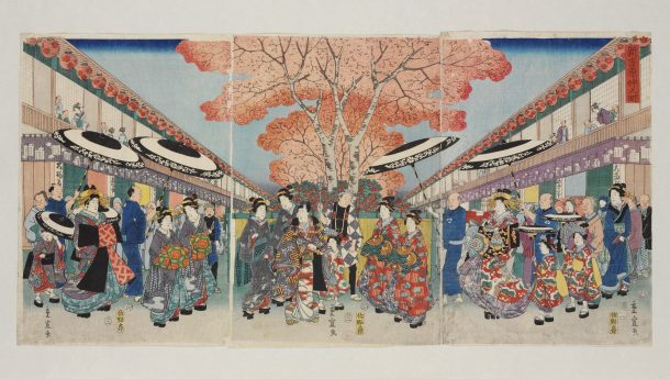 日本打印Shigenobu (Hiroshige II)描绘Nakano街Yoshiwara区江户(东京)在樱花季节。