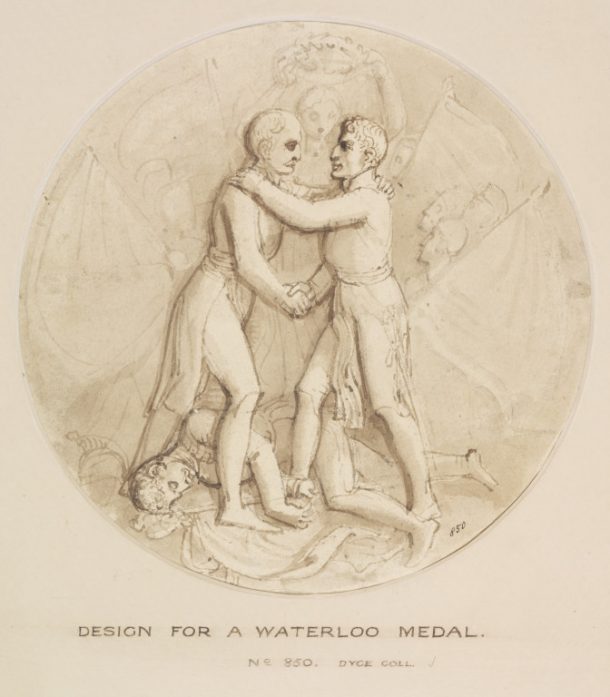 设计的滑铁卢奖章,用笔和洗深褐色,托马斯意愿,英语学校,19世纪初。博物馆DYCE.850