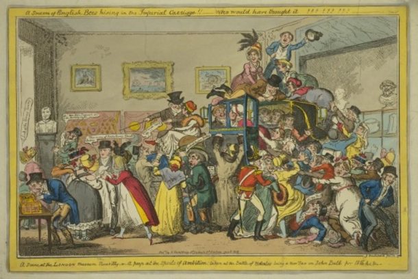 皮卡迪利大街一个场景在伦敦博物馆,彩色蚀刻,乔治Cruikshank,伦敦,1816年。博物馆e.1187 - 1990