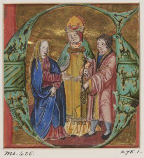 278:1。削减从一个唱诗班的书。最初的杜松子酒绿的黄金地面上婚姻的缩影。德国,16世纪。©V&A博物馆