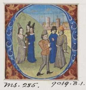 9019 b / 1。削减印刷书籍的奉献。最初的阿三个年轻人和三个女士在远处山坡上的小镇。荷兰,15世纪晚期。©V&A博物馆