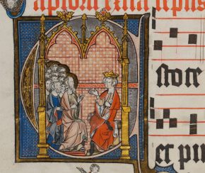 8997 h:叶轮流吟唱的歌historiated初E描绘12 Apolstles争论与国王。荷兰的。1300 - 1325。©V&A博物馆