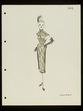 的淘金热。帕奎因的酒会礼服由卢Claverie设计,冬季1950 - 51