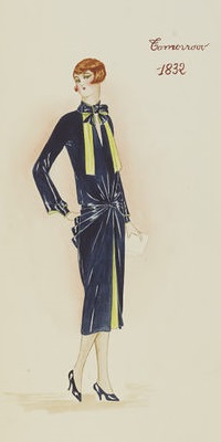 “明天。蓝色和石灰绿色缎面礼服的设计通过对帕奎因玛德琳沃利斯,冬季1925 - 26所示。