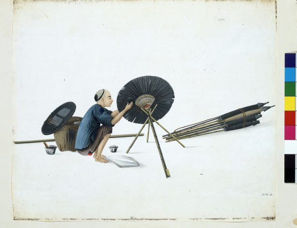 D.62-1898绘画-修伞工;归于普夸的;中国(广州);c.1790;水彩画。©维多利亚和阿尔伯特博物馆，伦敦