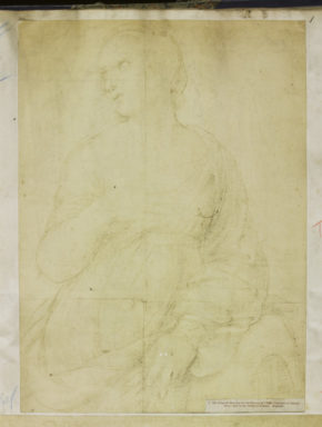 照片档案的守卫书-版画1号:拉斐尔的《亚历山大的圣凯瑟琳》原画，现藏于国家美术馆，铅笔画的是一位身穿低胸装的年轻女子，她的右手放在胸前。