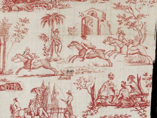 赛马是流行的时尚Duc d 'Orleans和伯爵d 'Artois从英国进口的马匹和骑手。细节的铜板印刷棉花骑手之间有一个友好的竞赛。亚麻布南特,法国,ca.1790博物馆t.448 - 1919