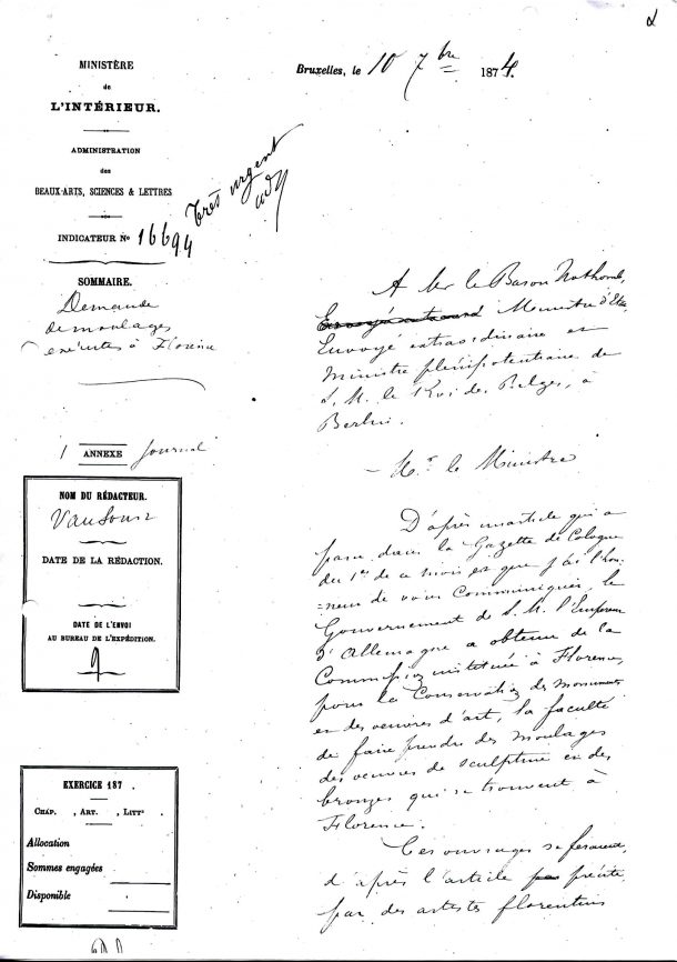 档案Brussels-demande de印痕10.09.1874第1页©arch.kmkg-mrah