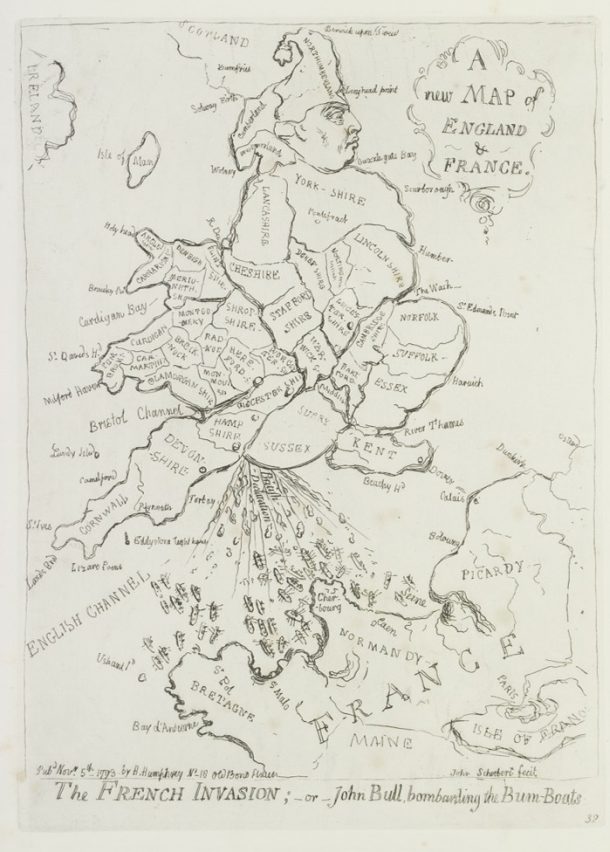 “法国入侵;或者——约翰牛轰击Bum-Boats”, James Gillray英国,1793年首次出版,印刷ca.1850。博物馆e.685:18 - 2014