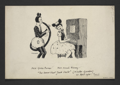 钢笔和墨水的卡通格温法勒和诺拉·布莱尼喜剧钢琴和单簧管在杰克建造的房子,1930年4月。钢笔和墨水W.K. Haselden穿孔杂志1932年1月6日。BTMA集合。(博物馆s.5027 - 2009)