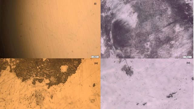 光学显微镜下的聚苯乙烯表面暴露于不同的条件