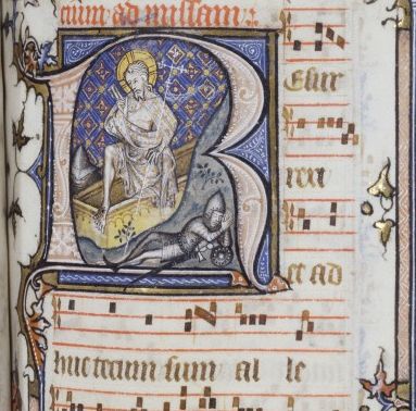 最初的R描绘复活,从圣丹尼斯祈祷书,c。1350年,巴黎。博物馆没有。实验室/ 1891/1346,folio 155 r(细节)。