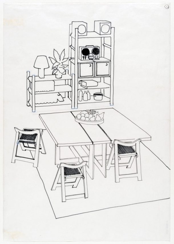餐厅的设计展示一张桌子,三把椅子和存储