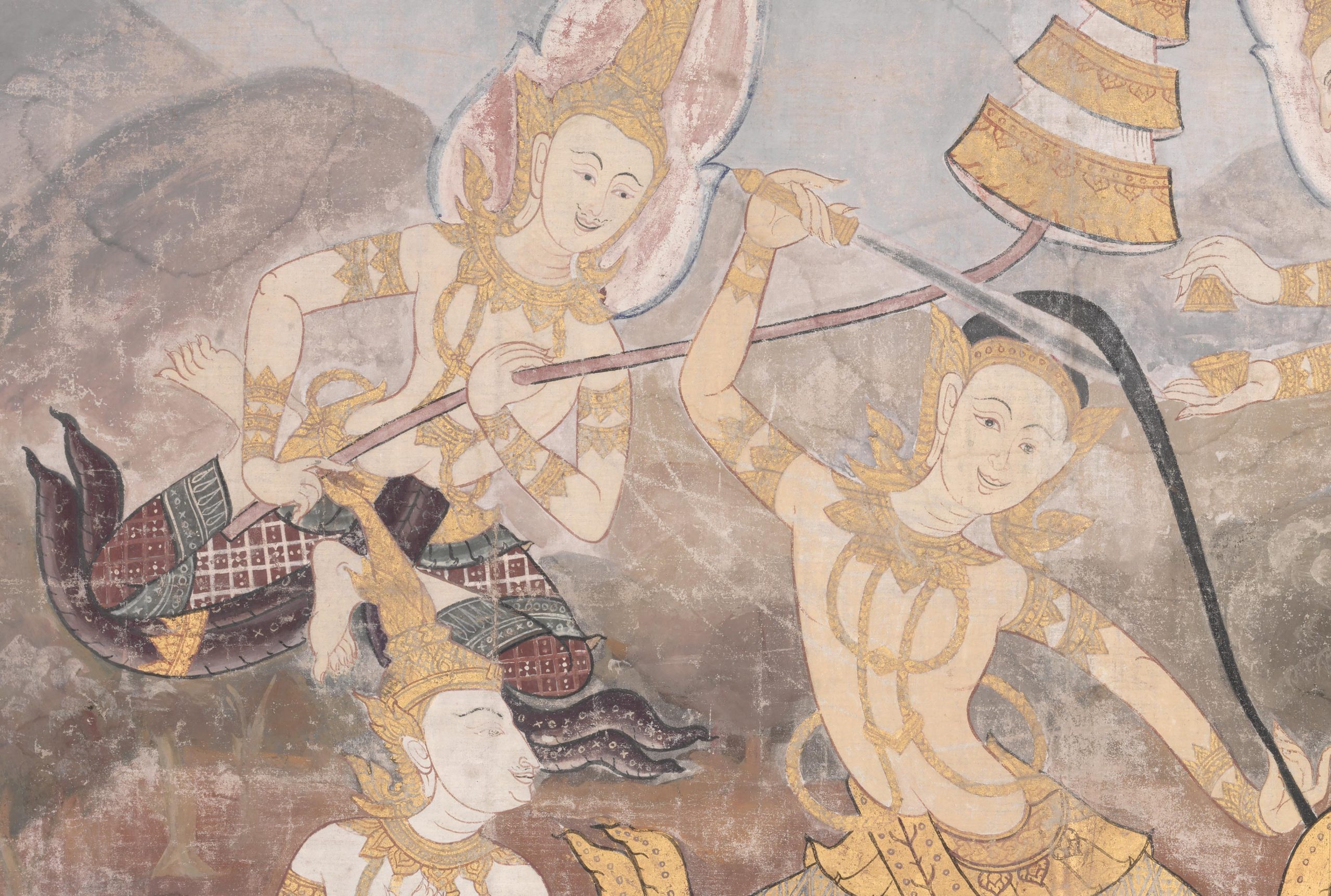 一幅来自泰国的画，画中的人物面带微笑，其中一人拿着剑