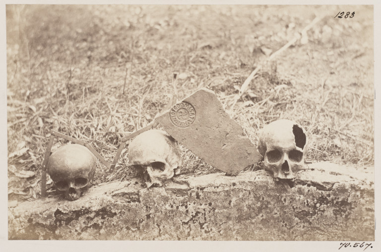 罗马S. Cyriaca地下墓穴的头骨照片，以及瓦片和带印章的砖