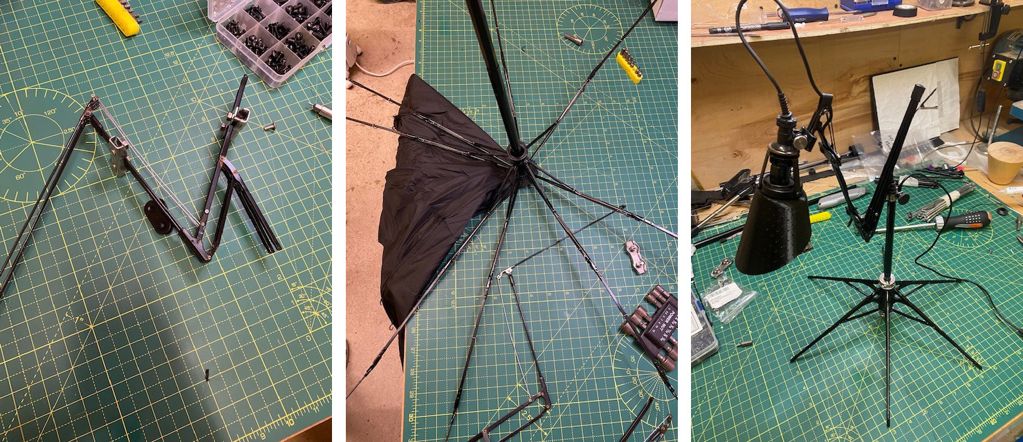 这三张图片展示了如何用伞架做灯。