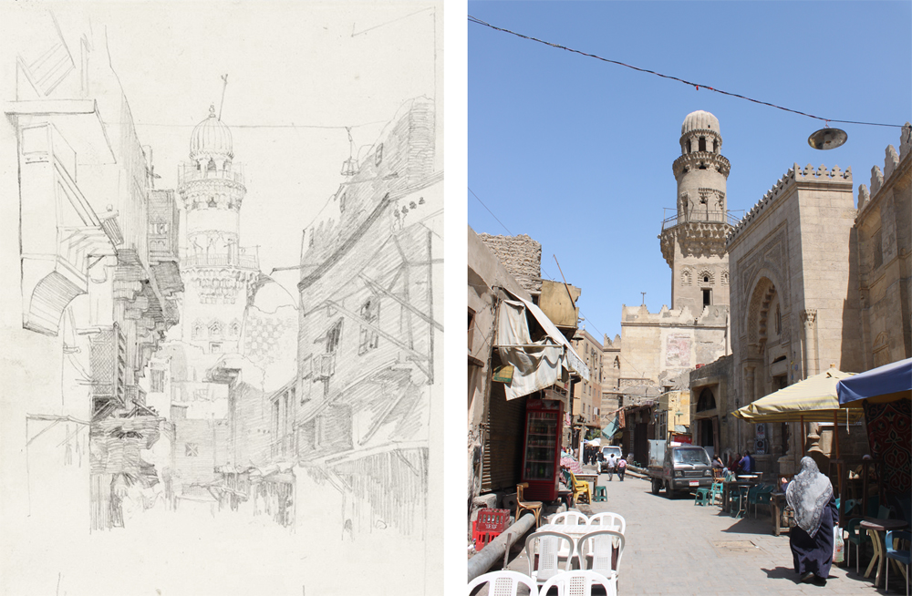 父亲的al-Gamaliyya街草图，与现代景观相比