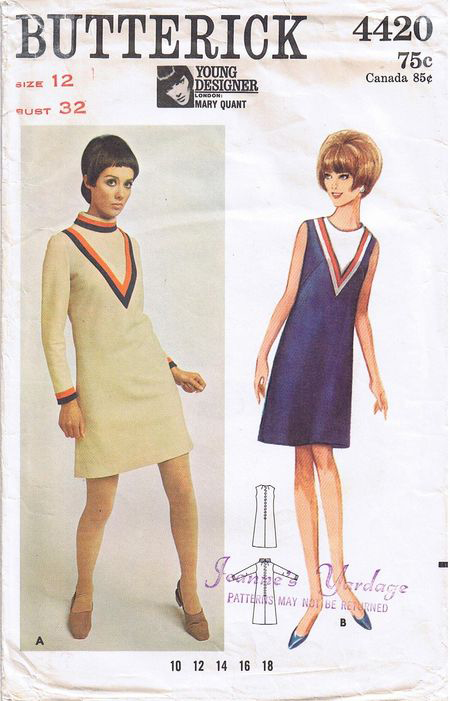 Butterick 4420服装设计模式;ca。1967;年轻的设计师:玛丽量化——连衣裙。略型裙与对比带v型插图。