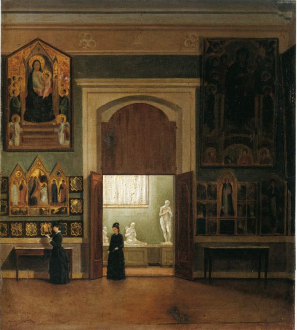 图9。Odoardo Borrani,真主安拉戴尔'Accademia广场,1860 - 1870年,布面油画,42 * 37厘米。戴尔'Accademia广场,佛罗伦萨。绘画,在别人,两个大乔托的画作和契马布艾所作,今天在乌菲兹,可以得到认可。当时,他们位于学院di美女Arti,所谓的萨拉一些表示“四”大人物(房间的画)。