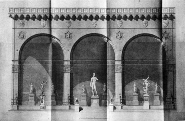 的凉廊一些Lanzi米开朗基罗的大卫在中心的,Pasquale Poccianti。佛罗伦萨,Archivio di Stato Appendice Segreteria di Gabinetto f . 121年,档案18(发表于:1997年Anglani, p。29日,图1)。