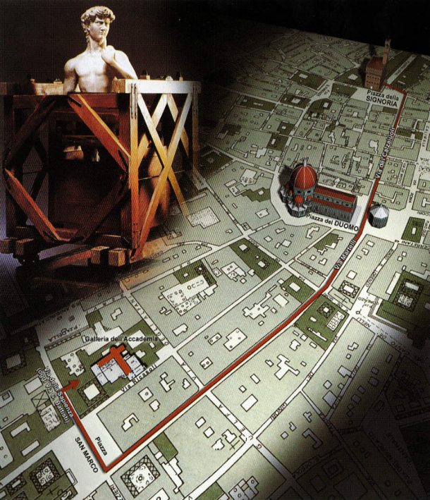 图6所示。假设虚拟重建的路线将大卫从Piazza della Signoria戴尔1873年'Accademia广场(数字细化由雅美达工作室,佛罗伦萨)。形象,由雅美达工作室,佛罗伦萨。