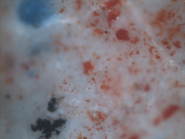 图3。色素的混合物,在光学显微镜下观察,从皮肤的圣母玛利亚,包含白色,蓝色,红色,橙色和黑色颜料。摄影,卢西亚Burgio©维多利亚和艾伯特博物馆。