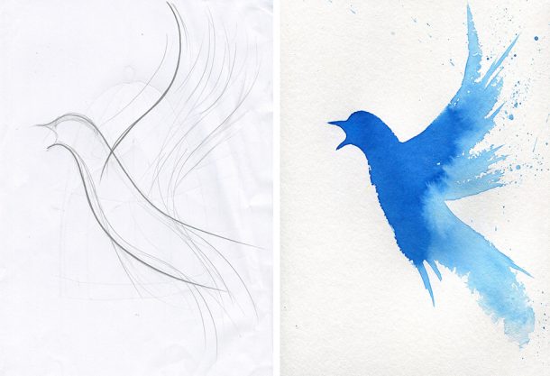 Left: Blue bird pencil sketch; Right: Blue bird with ink. © Ann Kiernan