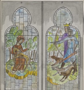 的细节e.2013 - 1990设计的彩色玻璃窗口,显示圣吉尔斯保护国王的鹿Wamba©维多利亚和艾伯特博物馆,伦敦