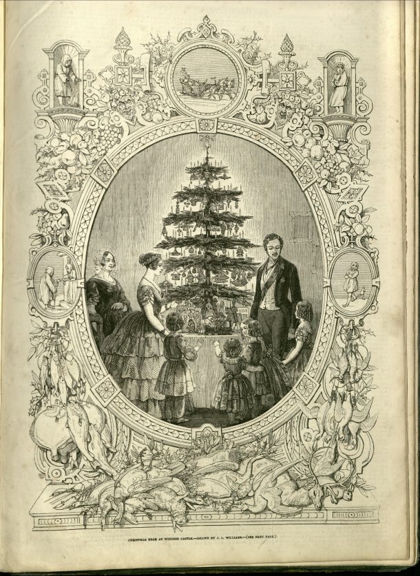 阿尔伯特王子和他的四个孩子站在一棵装饰过的树的一边，维多利亚女王、她的母亲和一个女儿站在另一边。场景周围有一个复杂的边界，上面有描绘圣诞主题的圆盘。