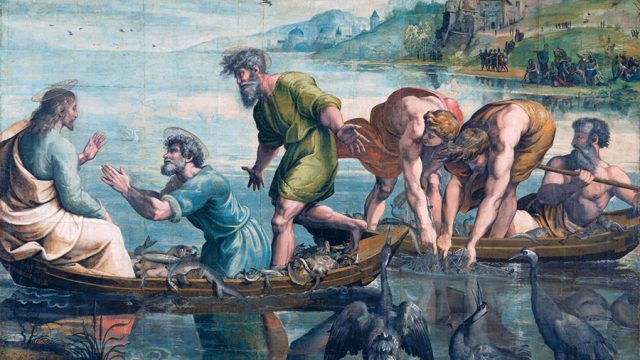 拉斐尔卡通,鱼类的奇迹般的吃水:路加福音第五章:1 - 11节,拉斐尔,1515 - 16、意大利。博物馆没有。皇家LOANS.2。伦敦©维多利亚和艾伯特博物馆