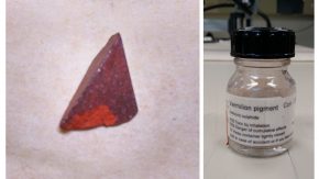 图像的汞硫化矿物,左,和由此产生的朱砂色素,对(由卢西亚Burgio照片)
